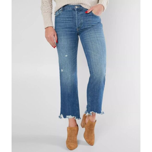 Free People Maggie Straight Jeans High Rise Rigid Denim Frayed Hem Button Fly 27 - Picture 1 of 8